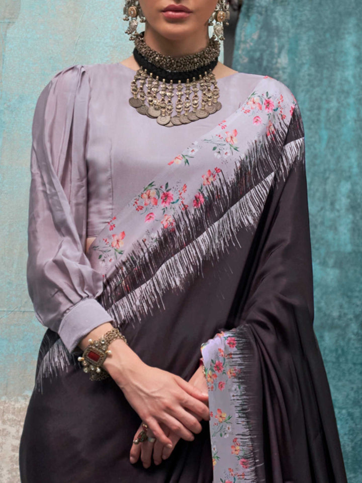 Refreshing Charcoal Grey Printed Crepe Silk Saree
