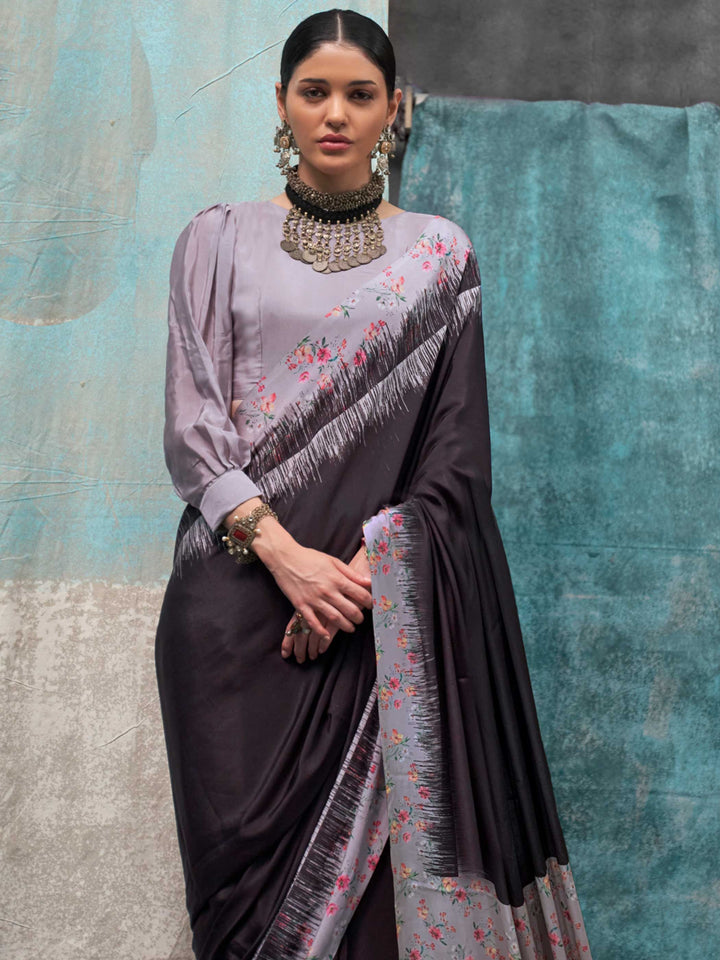 Refreshing Charcoal Grey Printed Crepe Silk Saree