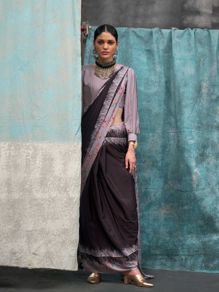 Refreshing Charcoal Grey Printed Crepe Silk Saree