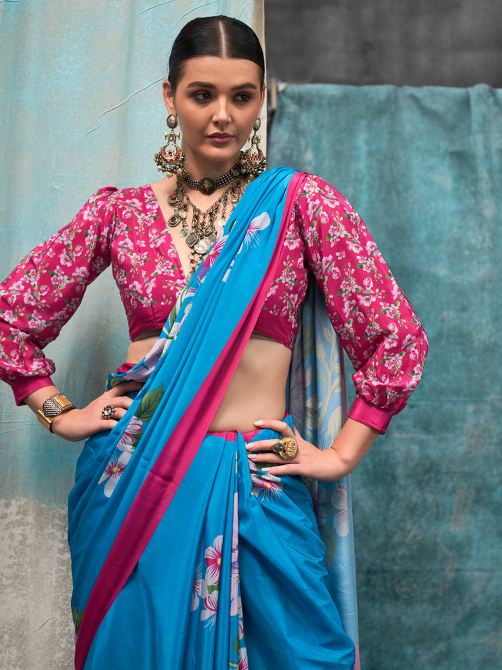 Classic Turquoise Blue Crepe Silk Saree