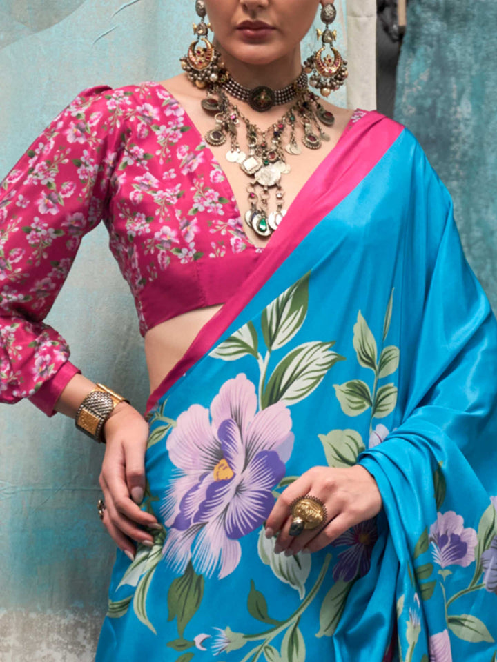 Classic Turquoise Blue Crepe Silk Saree