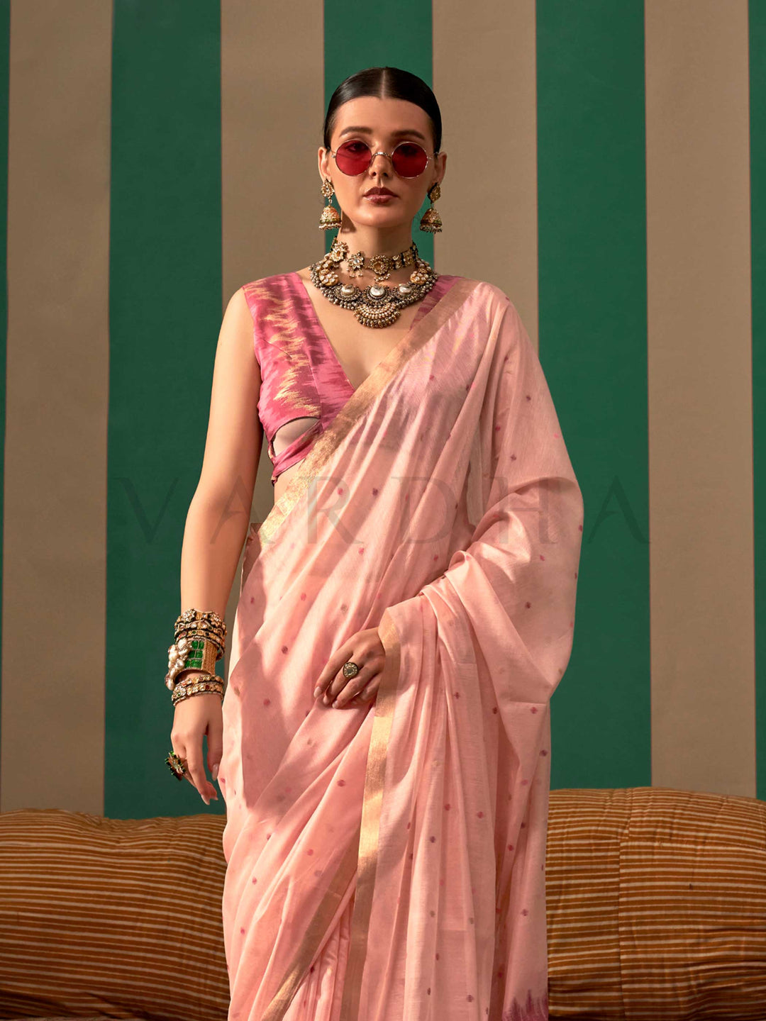 Blush Pink Woven Cotton Spun Saree