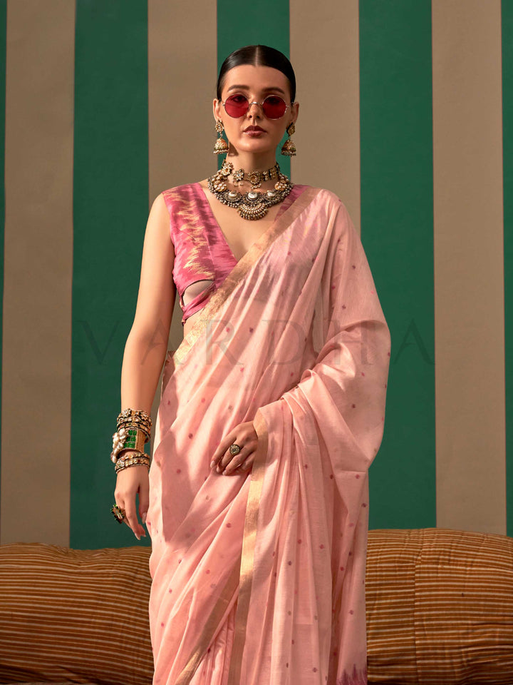 Blush Pink Woven Cotton Spun Saree