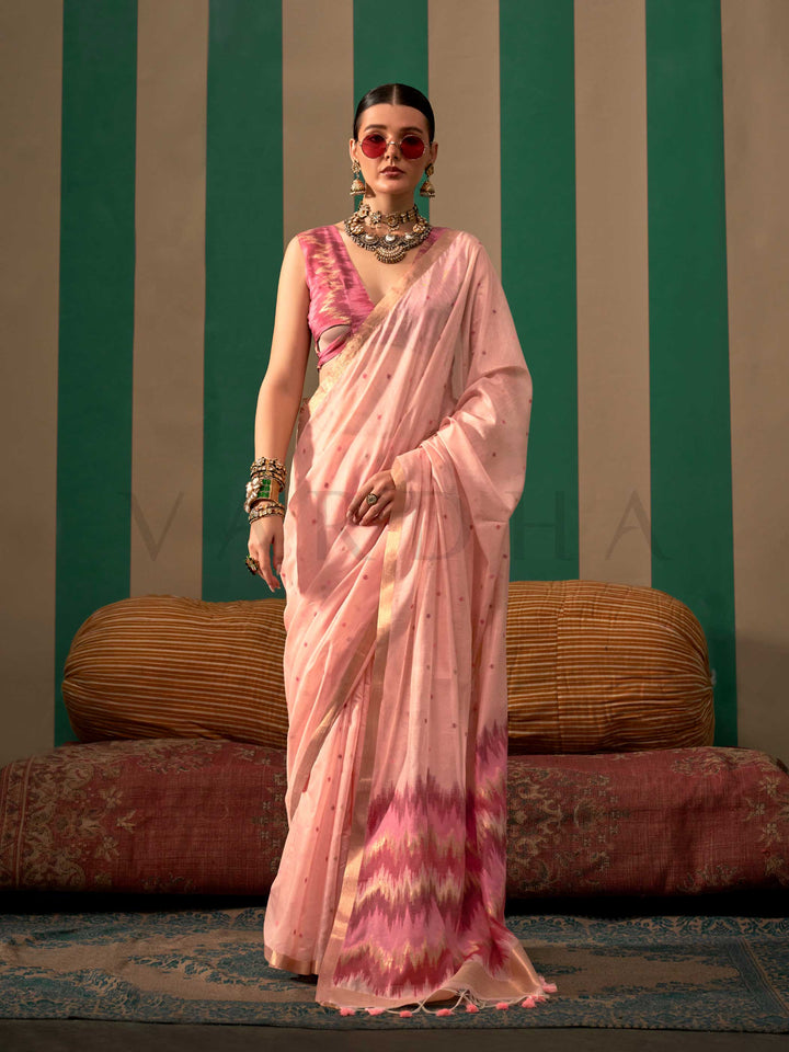 Blush Pink Woven Cotton Spun Saree