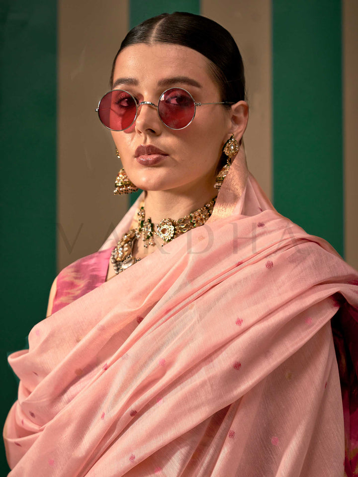 Blush Pink Woven Cotton Spun Saree
