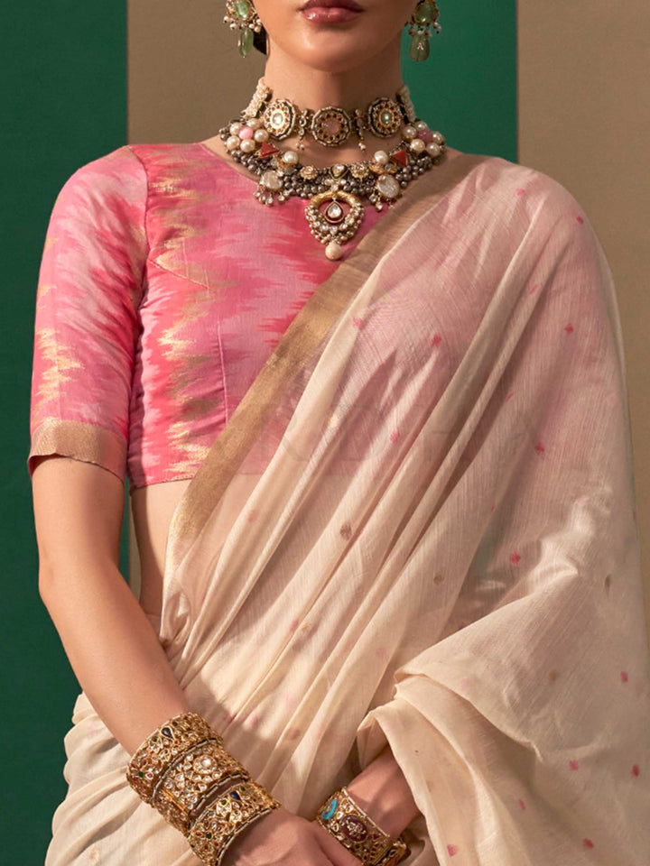 Ivory-Pink Woven Cotton Spun Saree Rajtex