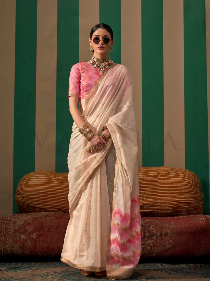 Ivory-Pink Woven Cotton Spun Saree Rajtex