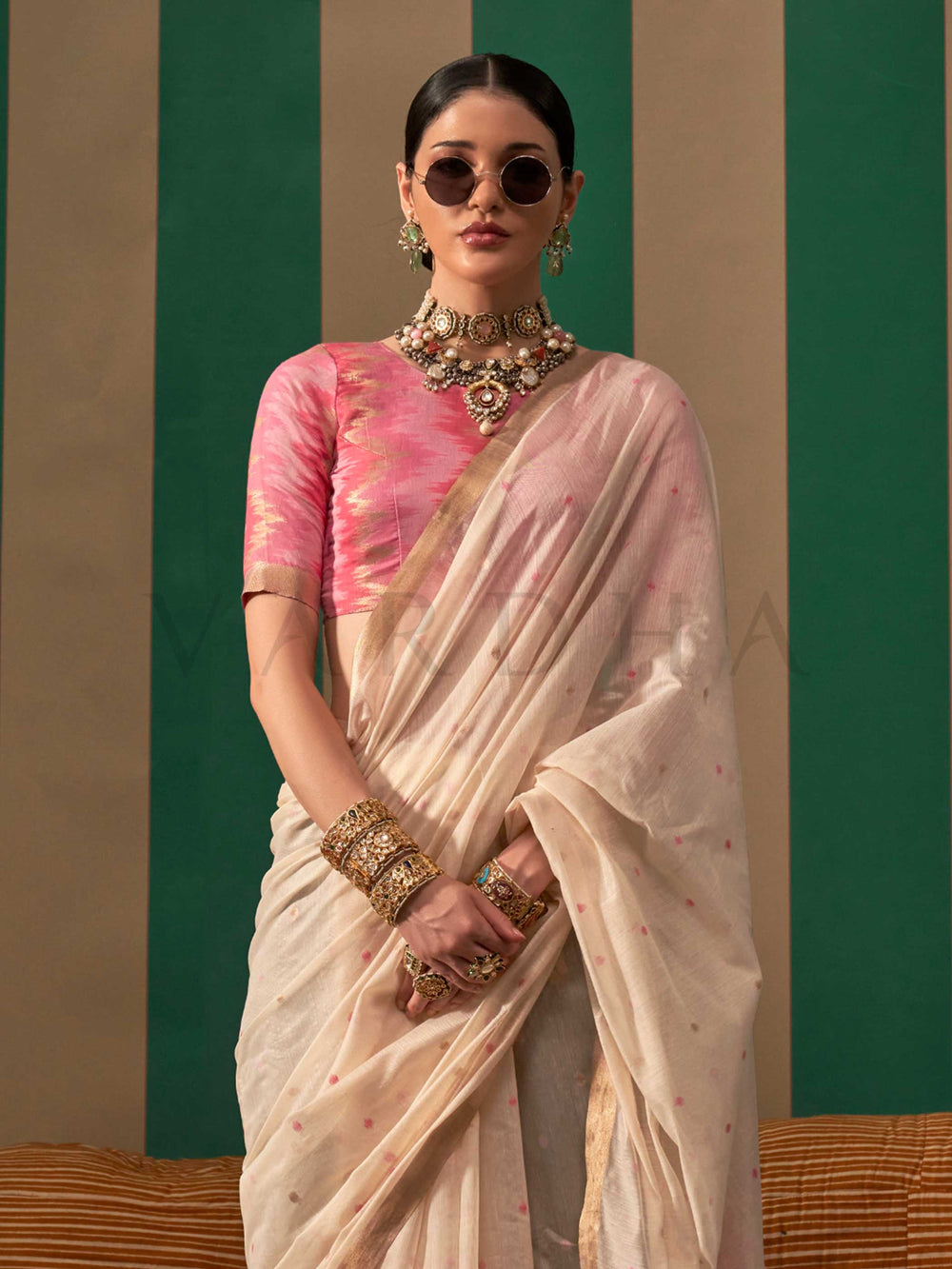 Ivory-Pink Woven Cotton Spun Saree Rajtex