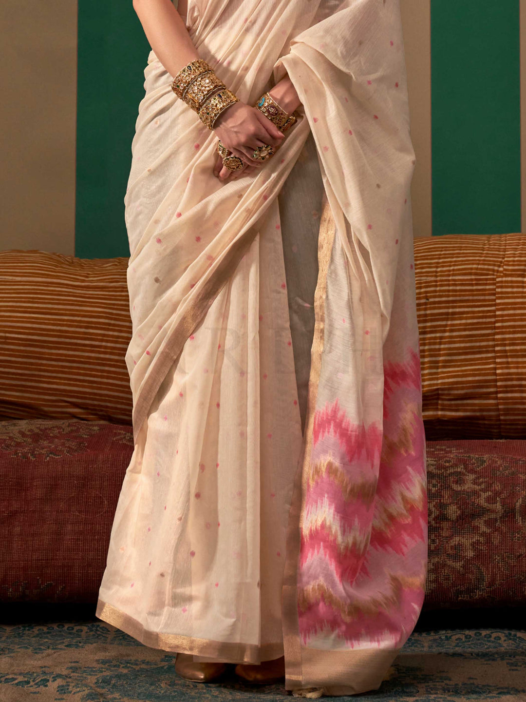 Ivory-Pink Woven Cotton Spun Saree Rajtex