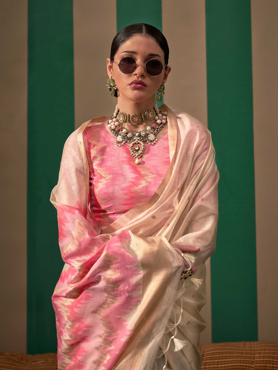 Ivory-Pink Woven Cotton Spun Saree Rajtex