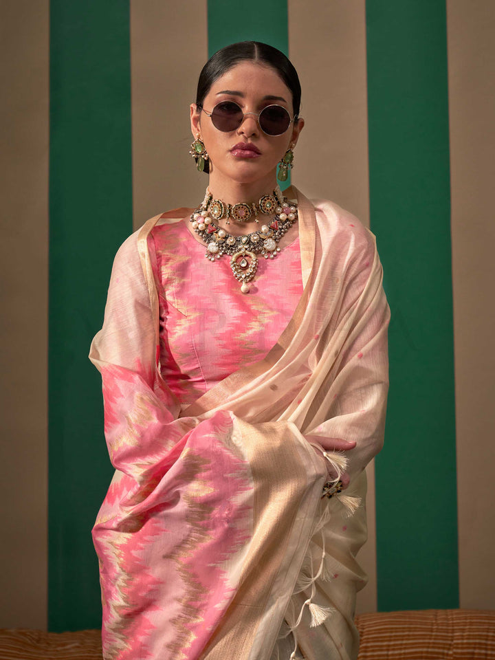 Ivory-Pink Woven Cotton Spun Saree Rajtex