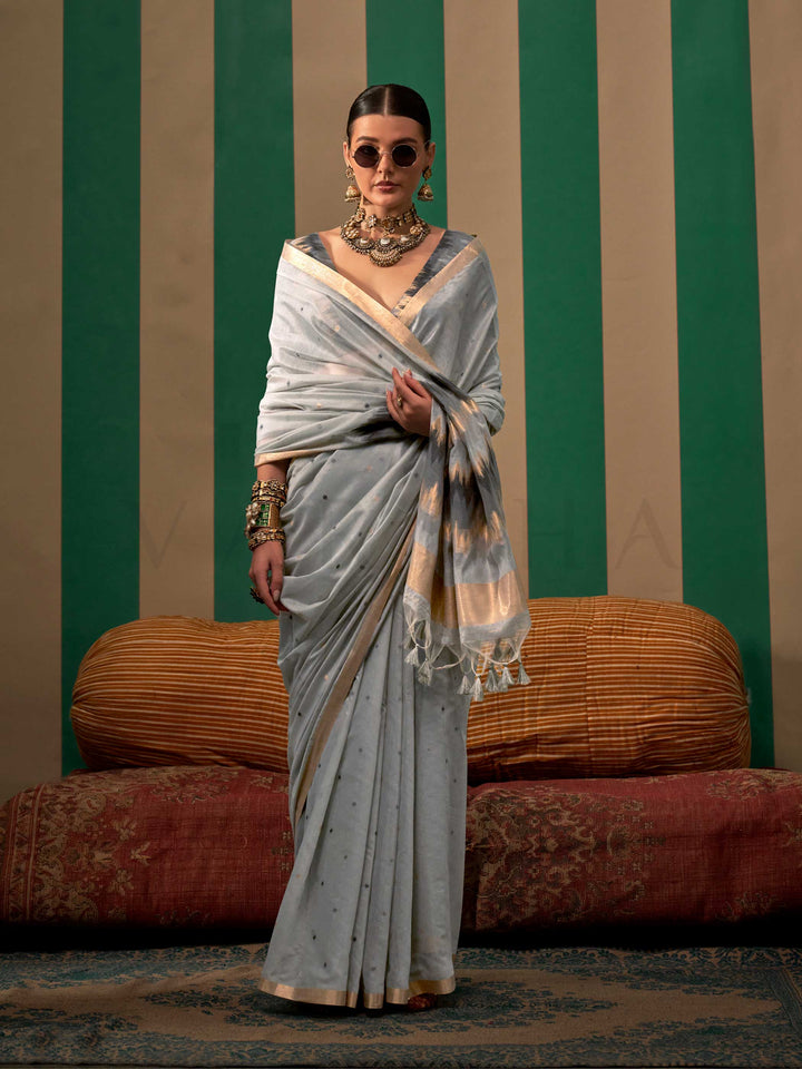 Blue-Charcoal Woven Cotton Spun Saree