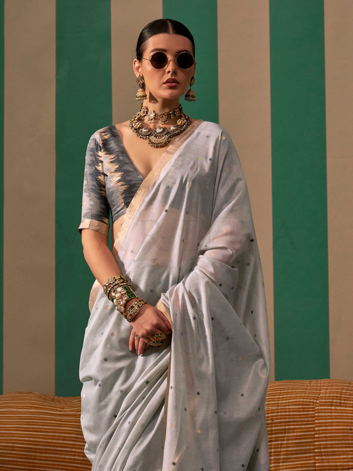 Blue-Charcoal Woven Cotton Spun Saree