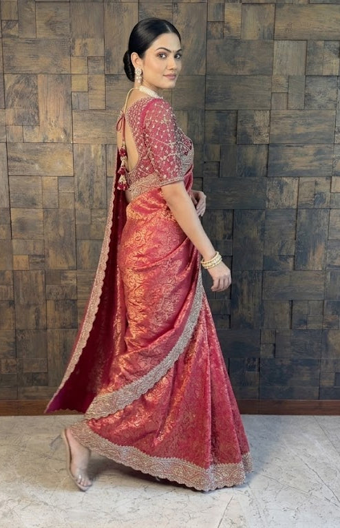 Pink Kanjivaram Handwork Saree with Gold Zari Jaal &amp; Scalloped Zircon Border