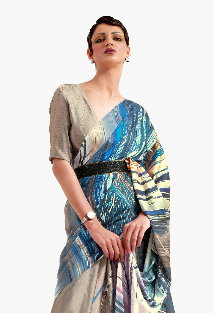 Beige Camel Brown Digital Printed Soft Crepe Silk Saree