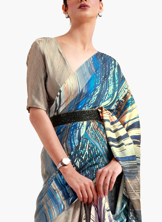 Beige Camel Brown Digital Printed Soft Crepe Silk Saree Rajtex
