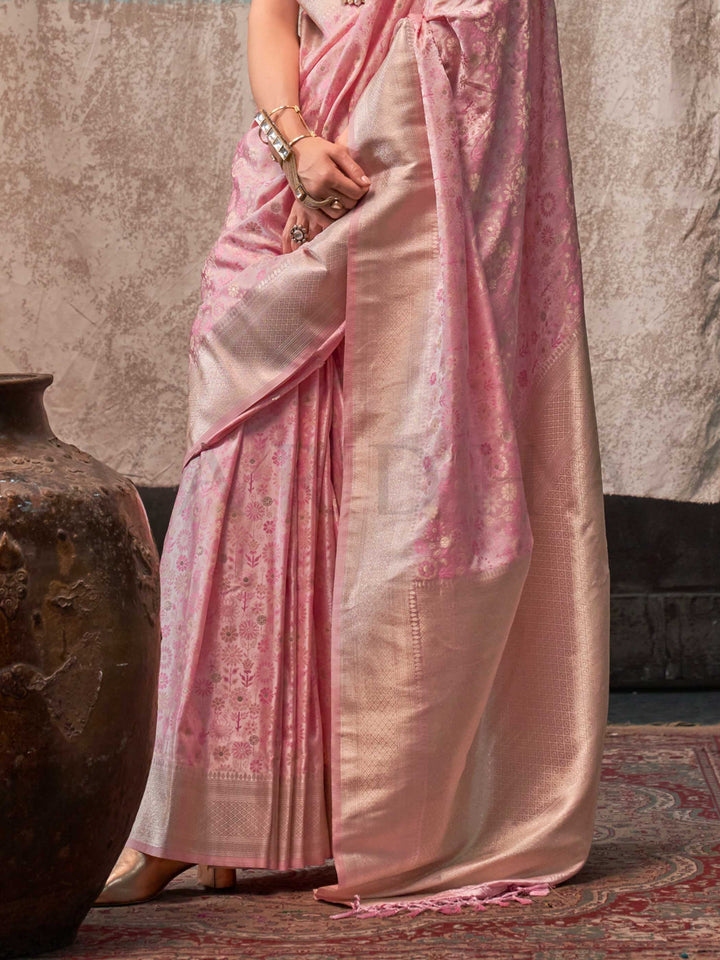 Baby Pink Banarasi Satin Silk Saree with Handloom Art Weave