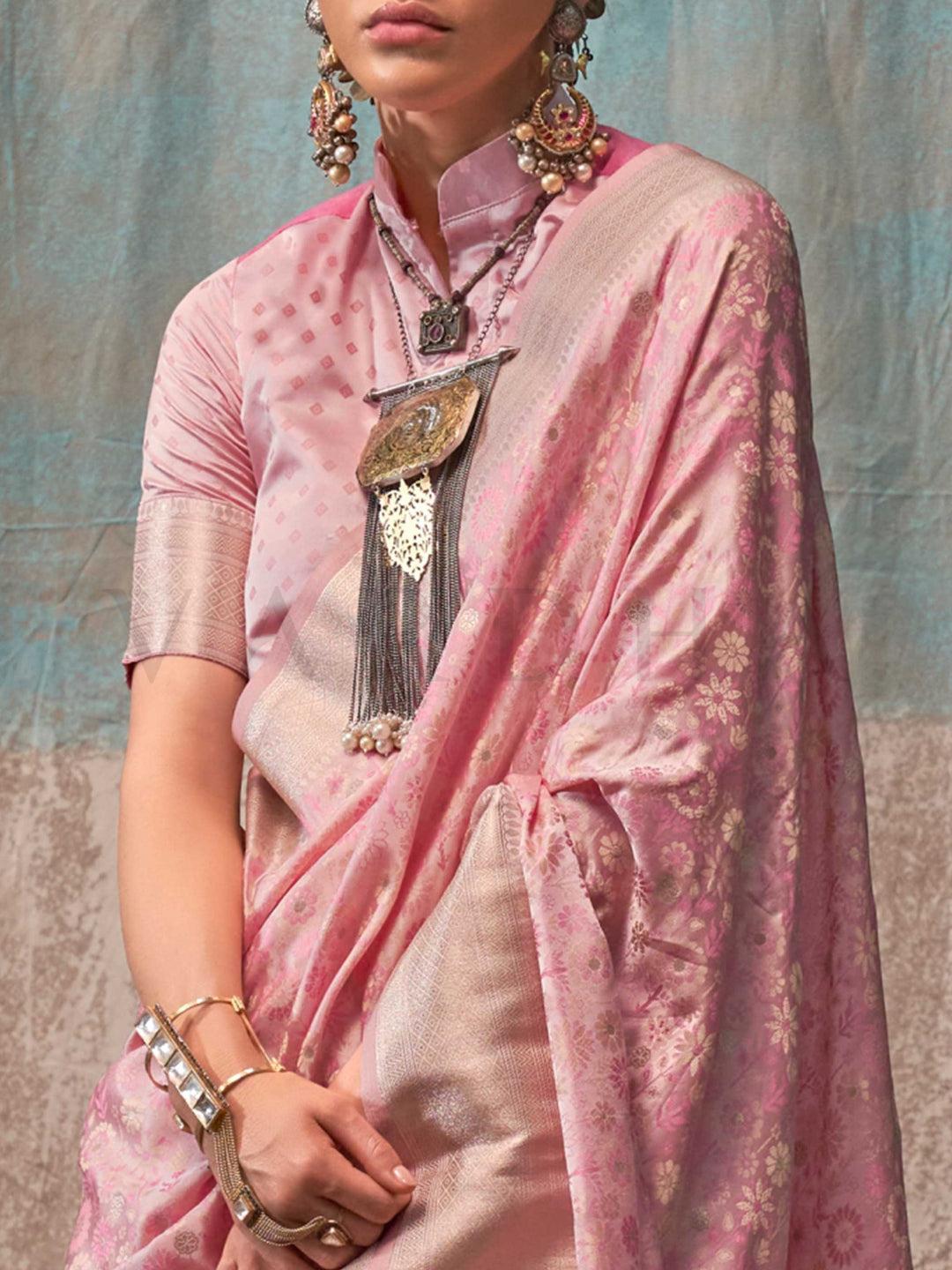 Baby Pink Banarasi Satin Silk Saree with Handloom Art Weave