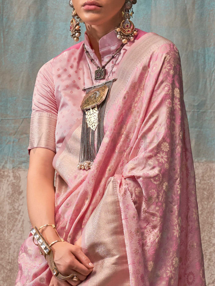 Baby Pink Banarasi Satin Silk Saree with Handloom Art Weave