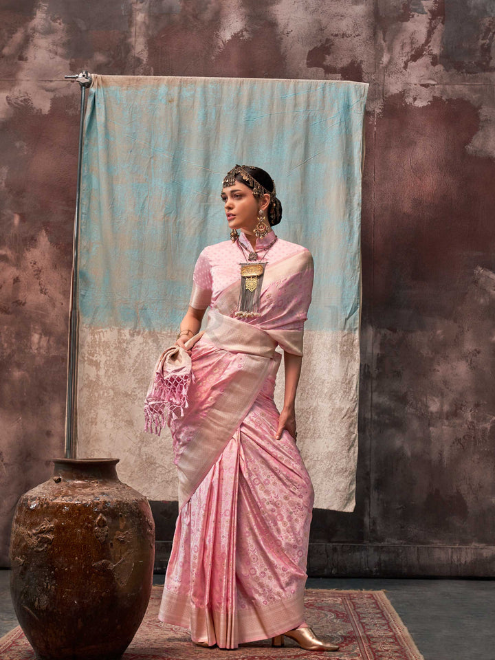 Baby Pink Banarasi Satin Silk Saree with Handloom Art Weave