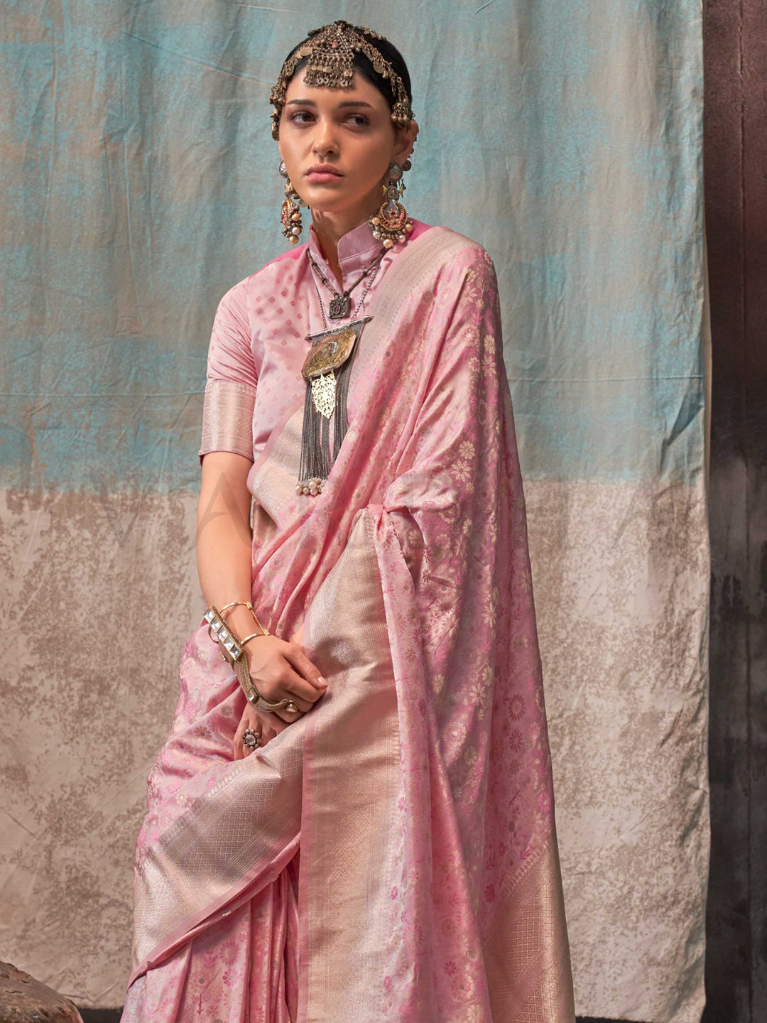 Baby Pink Banarasi Satin Silk Saree with Handloom Art Weave