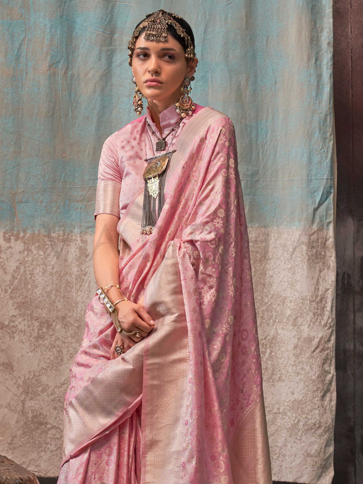 Baby Pink Banarasi Satin Silk Saree with Handloom Art Weave