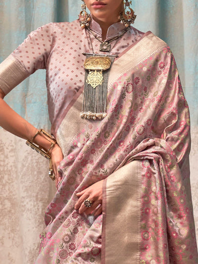 Blush Pink & Beige Pure Satin Handloom Weaving Art Silk Saree – Handwoven Heritage for Grand Occasions