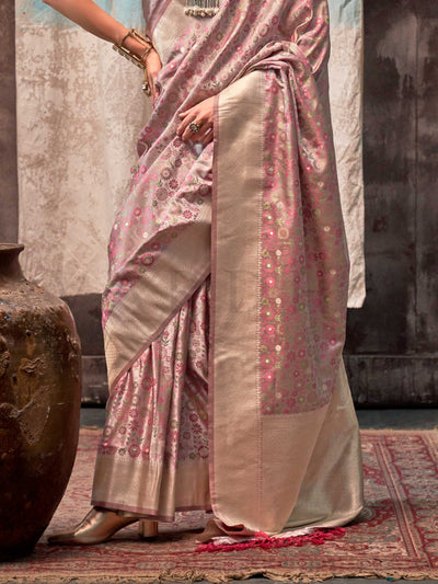 Blush Pink & Beige Pure Satin Handloom Weaving Art Silk Saree – Handwoven Heritage for Grand Occasions