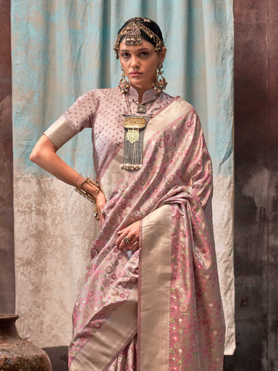 Blush Pink & Beige Pure Satin Handloom Weaving Art Silk Saree – Handwoven Heritage for Grand Occasions