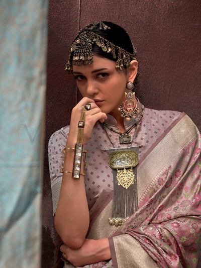Blush Pink & Beige Pure Satin Handloom Weaving Art Silk Saree – Handwoven Heritage for Grand Occasions