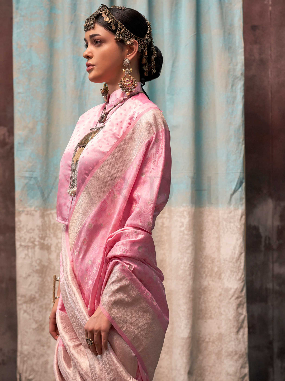Blush Rose Pink Banarasi Satin Silk Saree