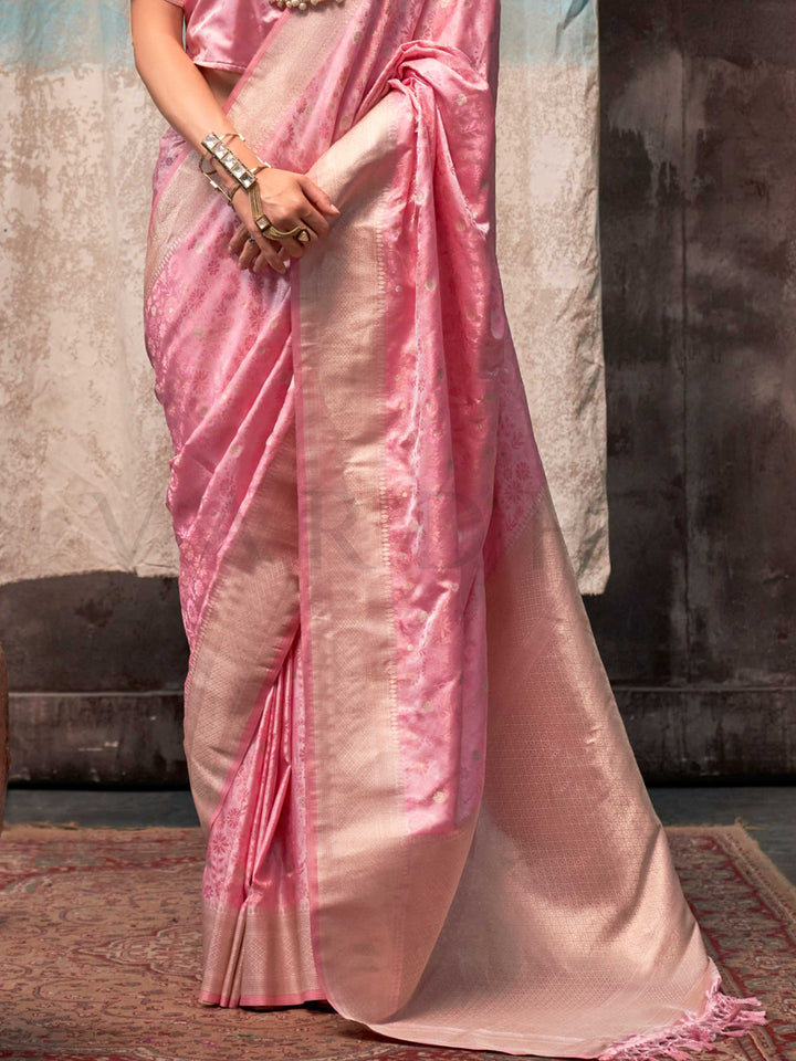 Blush Rose Pink Banarasi Satin Silk Saree