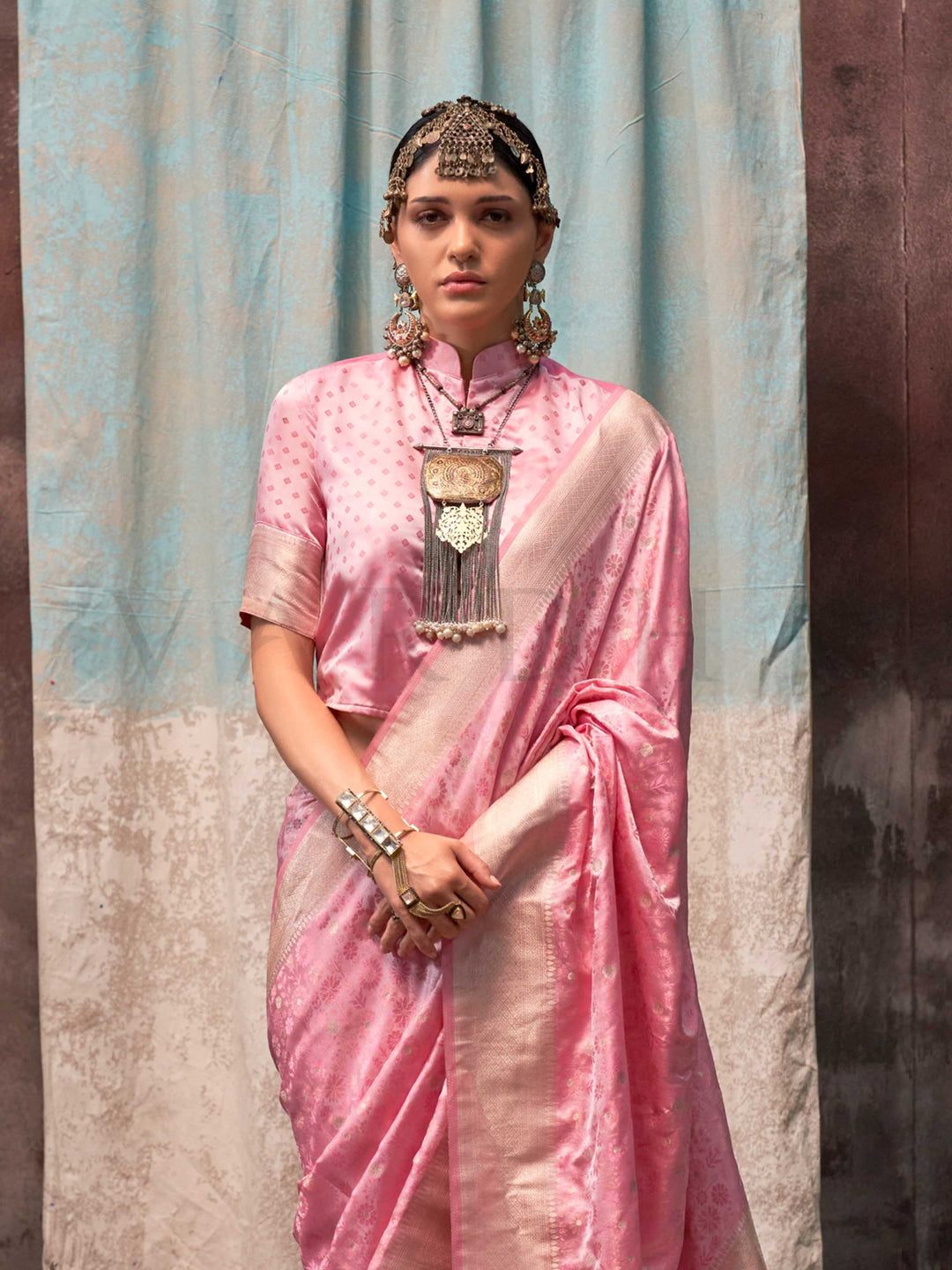 Blush Rose Pink Banarasi Satin Silk Saree