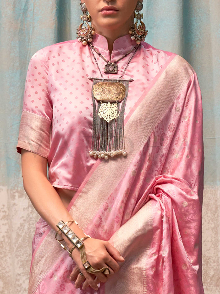 Blush Rose Pink Banarasi Satin Silk Saree