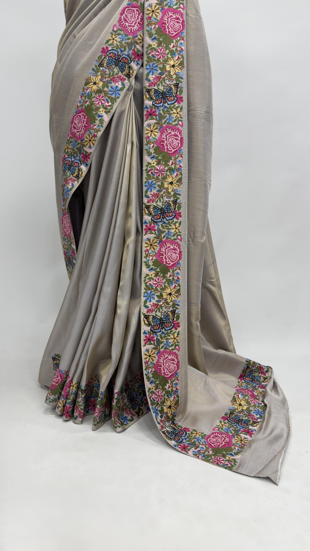 Lavender Grey Tissue Kanjivaram Silk Saree with Parsi Gara Embroidery