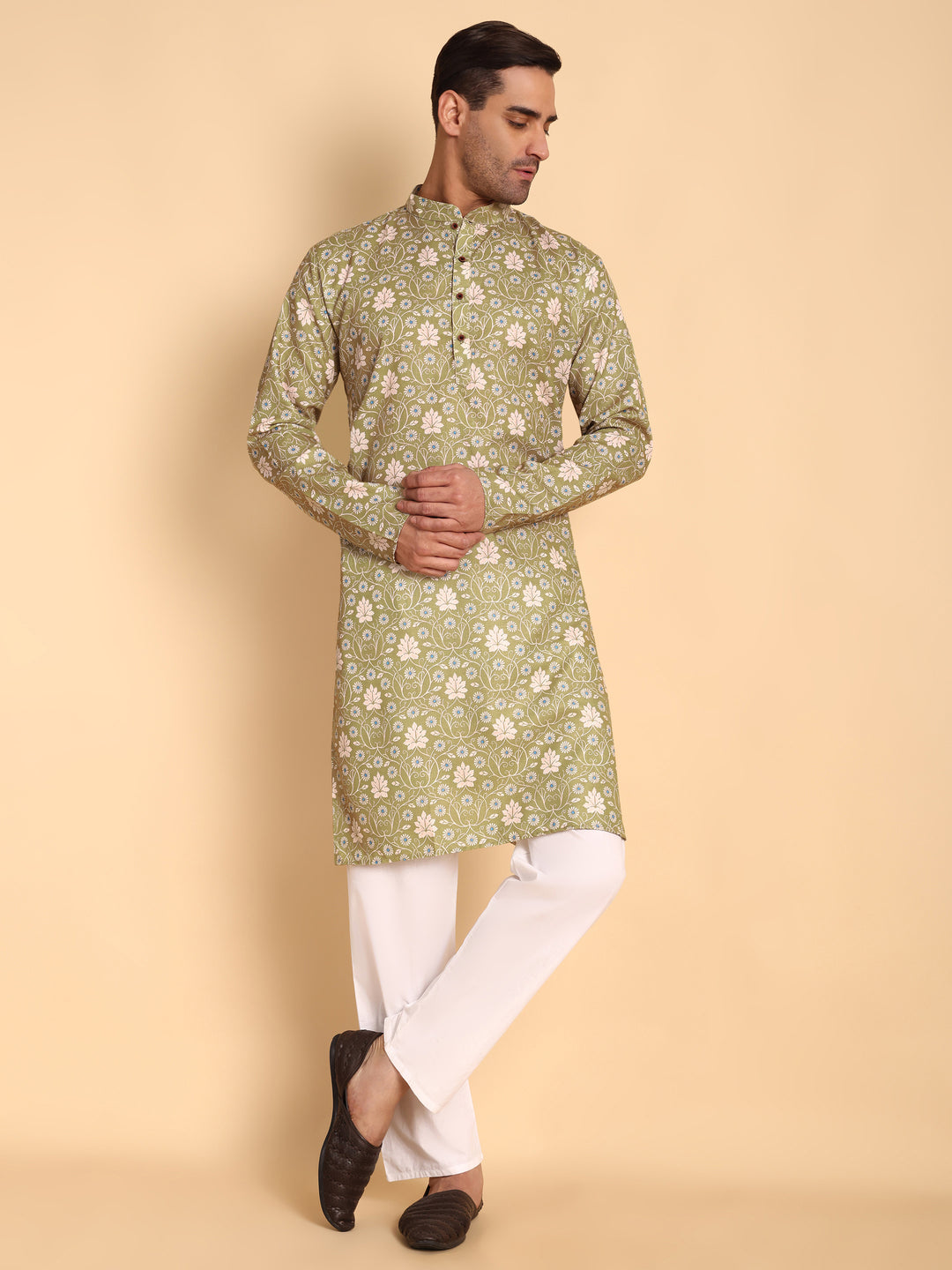 Traditional Green VineHeart Printed Men's Cotton Kurta