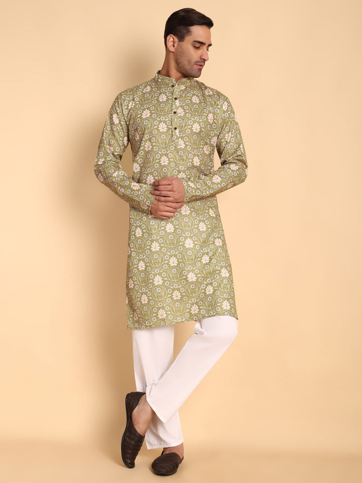 Traditional Green VineHeart Printed Men's Cotton Kurta
