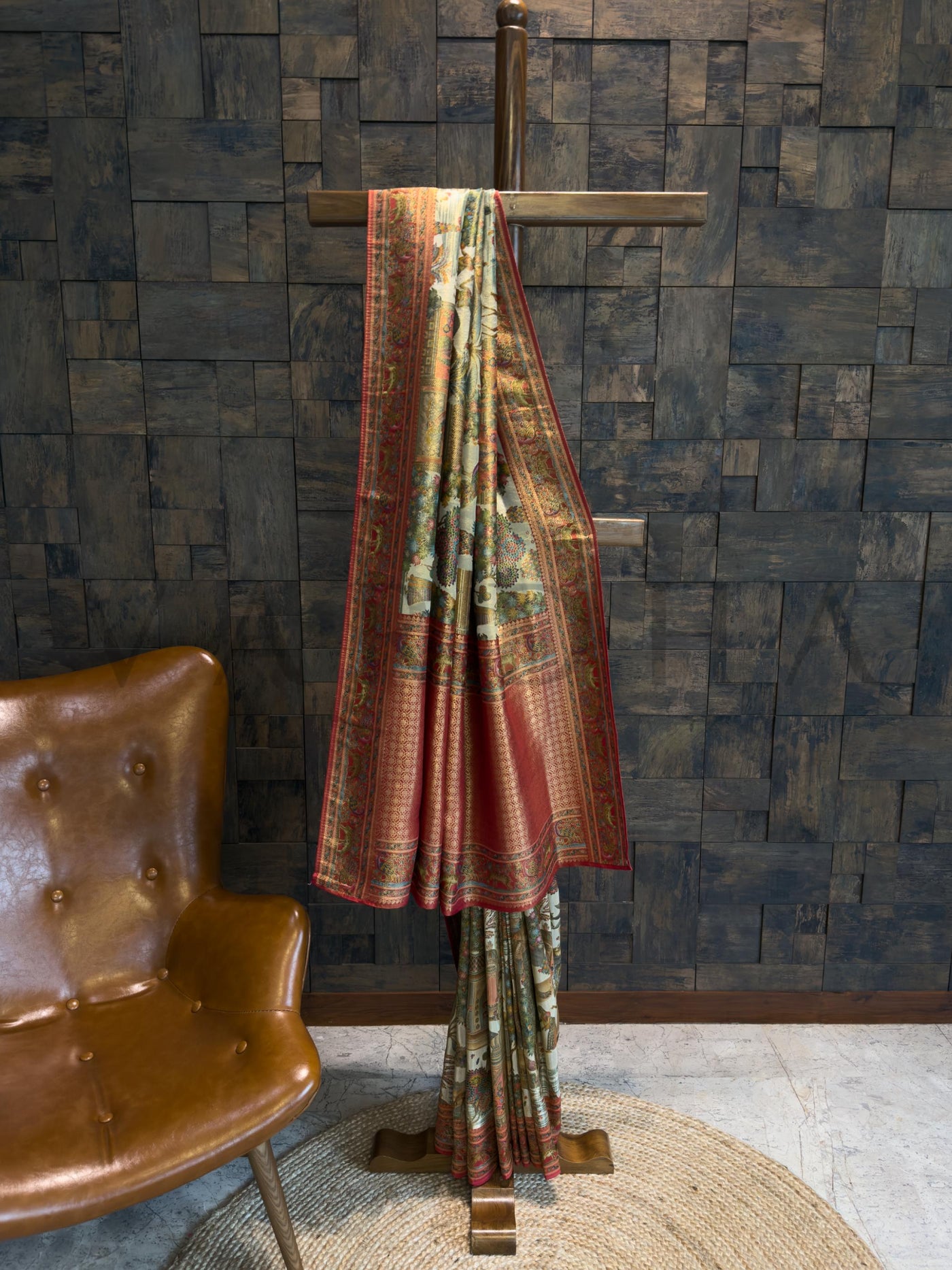 Off-White Mughal Motif Banarasi Katan Silk Saree with Red Tissue Blouse