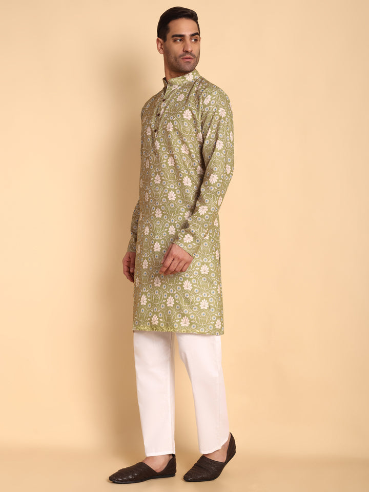 Traditional Green VineHeart Printed Men's Cotton Kurta