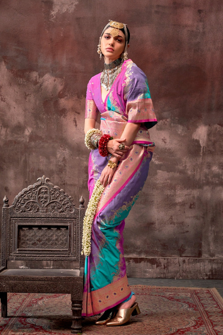 Purple and Aqua Blue Rangkaat silk saree with temple borders, intricate zari pallu, and traditional wedding styling. Handloom drape perfect for wedding functions and south indian muhurtham, styled with mogra, antique jewelry, and regal stance. This image captures the zoomed texture view illustrating fabric weave and print clarity, ideal for visualizing festive elegance, designer appeal, and modern styling inspiration. Perfect for online shoppers seeking detailed previews before purchase, enhancing saree vis