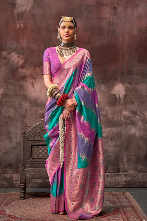 Purple and Aqua Blue Rangkaat silk saree with temple borders, intricate zari pallu, and traditional wedding styling. Handloom drape perfect for wedding functions and south indian muhurtham, styled with mogra, antique jewelry, and regal stance. This image captures the front drape view highlighting pallu fall and pleats alignment, ideal for visualizing festive elegance, designer appeal, and modern styling inspiration. Perfect for online shoppers seeking detailed previews before purchase, enhancing saree visua