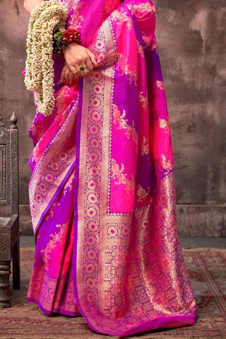 Rani Pink and Magenta Rangkaat silk saree with temple borders, intricate zari pallu, and traditional wedding styling. Handloom drape perfect for sangeet functions and bridal sangeet, styled with mogra, antique jewelry, and regal stance. This image captures the back drape focus revealing pallu finesse and motif richness, ideal for visualizing festive elegance, designer appeal, and modern styling inspiration. Perfect for online shoppers seeking detailed previews before purchase, enhancing saree visual merchan