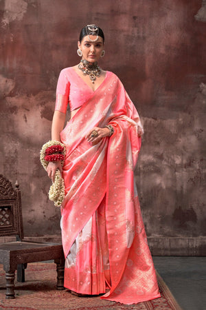 Blush Coral and Silver Rangkaat silk saree with temple borders, intricate zari pallu, and traditional wedding styling. Handloom drape perfect for festive season functions and karwachauth, diwali, styled with mogra, antique jewelry, and regal stance. This image captures the front drape view highlighting pallu fall and pleats alignment, ideal for visualizing festive elegance, designer appeal, and modern styling inspiration. Perfect for online shoppers seeking detailed previews before purchase, enhancing saree