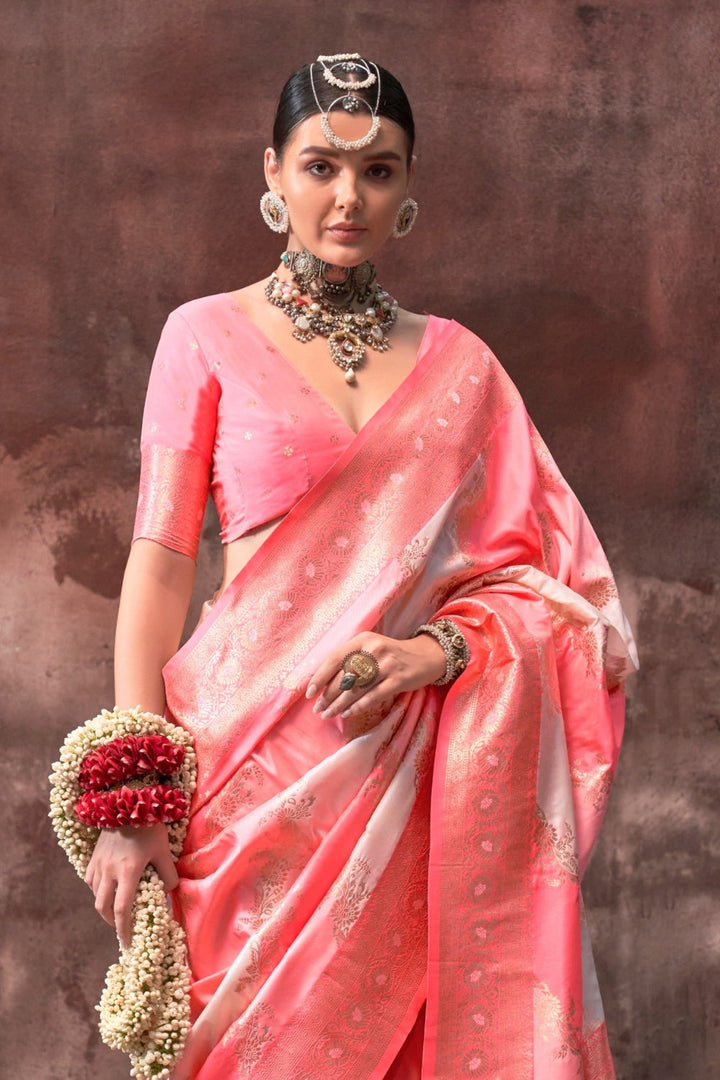 Blush Coral and Silver Rangkaat silk saree with temple borders, intricate zari pallu, and traditional wedding styling. Handloom drape perfect for festive season functions and karwachauth, diwali, styled with mogra, antique jewelry, and regal stance. This image captures the back drape focus revealing pallu finesse and motif richness, ideal for visualizing festive elegance, designer appeal, and modern styling inspiration. Perfect for online shoppers seeking detailed previews before purchase, enhancing saree v