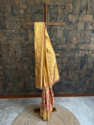 Gold Kanjivaram Silk Saree with Multicolor Floral Jaal
