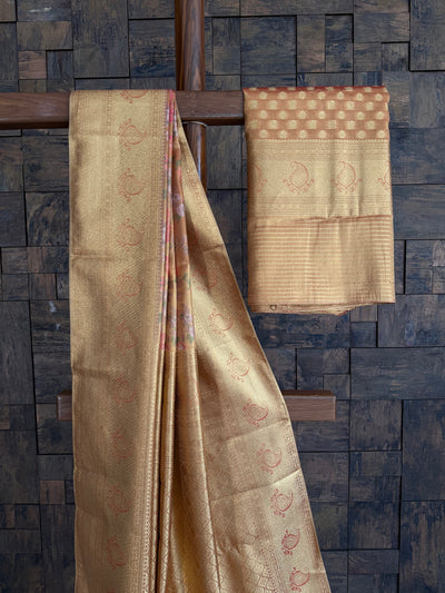 Gold Kanjivaram Silk Saree with Multicolor Floral Jaal