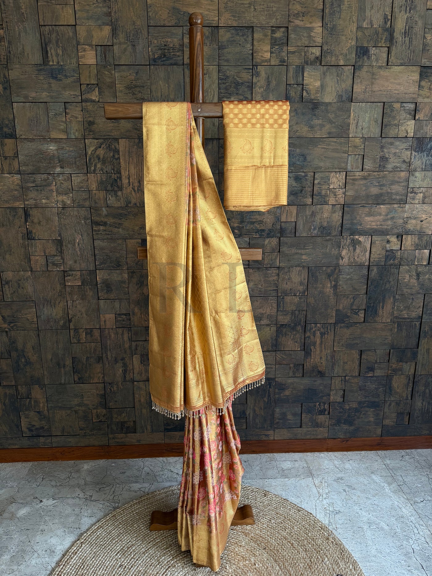 Gold Kanjivaram Silk Saree with Multicolor Floral Jaal