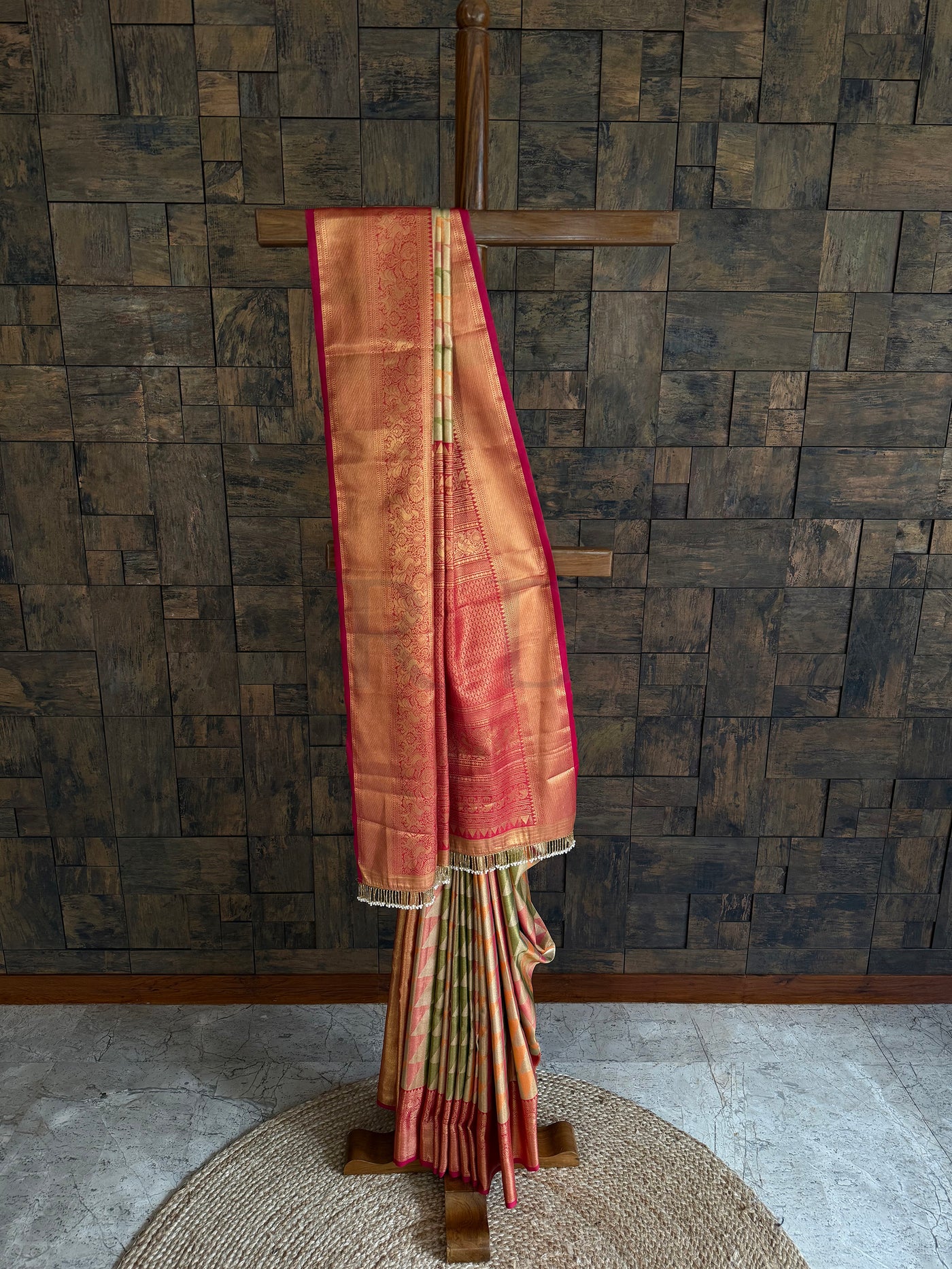 Gold Kanjivaram Silk Saree with Pink Zari Border