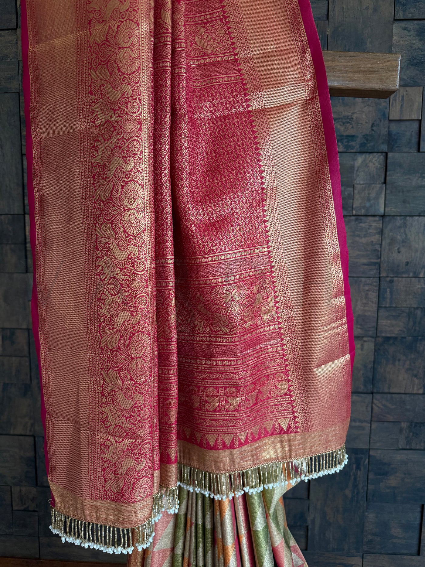 Gold Kanjivaram Silk Saree with Pink Zari Border