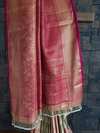 Gold Kanjivaram Silk Saree with Pink Zari Border